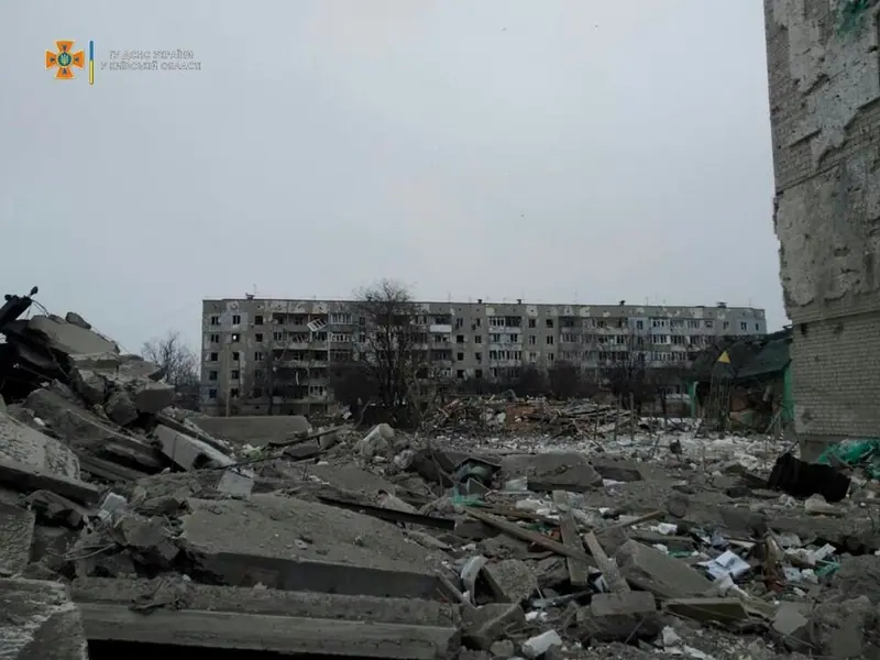A damaged residential area of Borodianka after the airstrikes of 1 and 2 March 2022