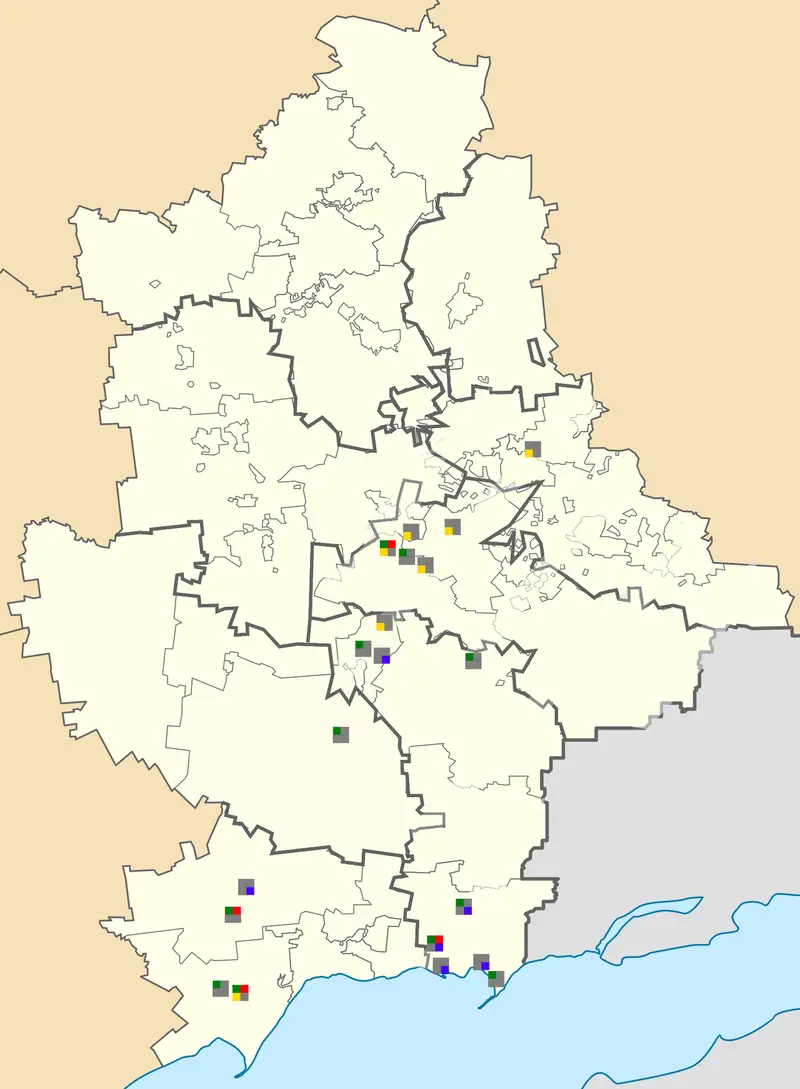 Map of Donetsk Oblast marking the locations of filtration sites identified by the Conflict Observatory