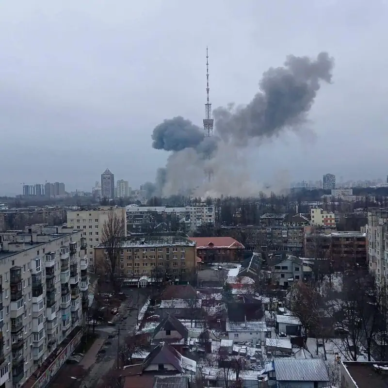 The Kyiv TV tower on 1 March 2022, after the Russian strike