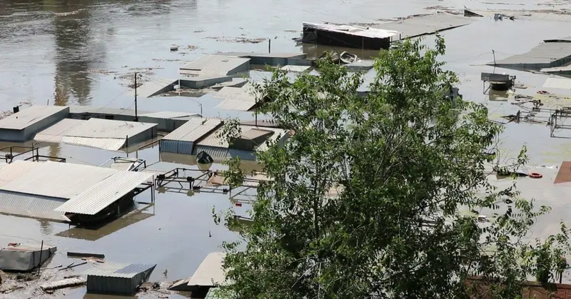 Flooded settlements on the left bank of the Dnipro River near Kherson after the dam breach