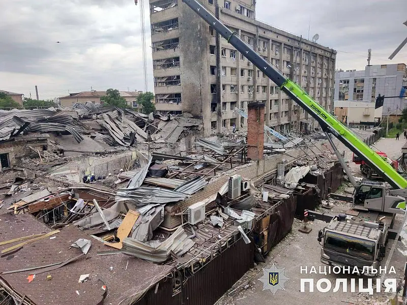 The destroyed restaurant building in central Kramatorsk after the missile strike