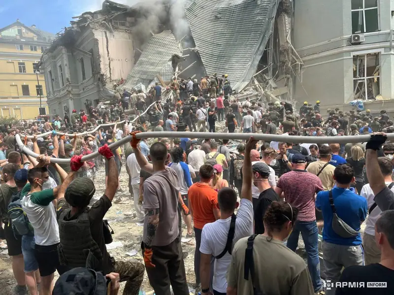 Destroyed and damaged buildings of the Okhmatdyt children's hospital in Kyiv