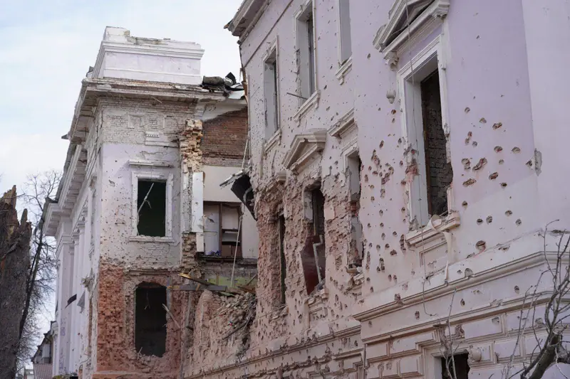 A damaged Sumy State University building on Petropavlivska Street after the strike