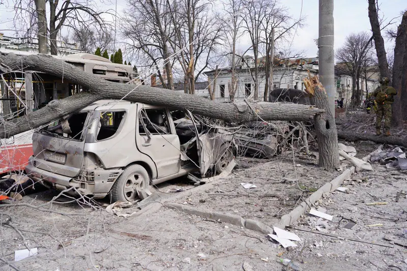 Destruction in a street in central Sumy after the missile strike