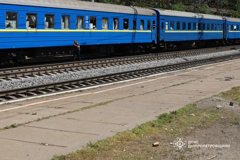 A damaged passenger train in Dnipro after the missile strike
