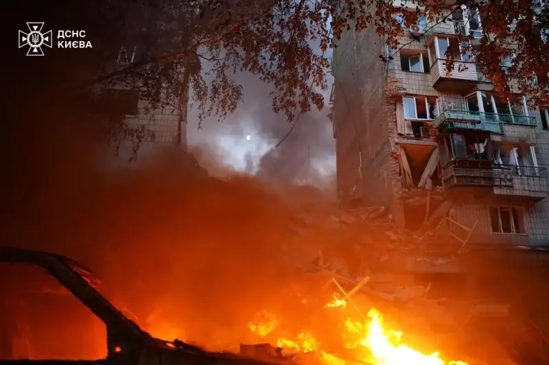 A nine-storey apartment building in Kyiv with one section collapsed