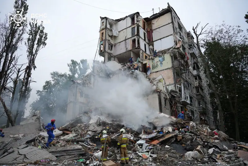 A nine-storey apartment building in Kyiv with a destroyed section
