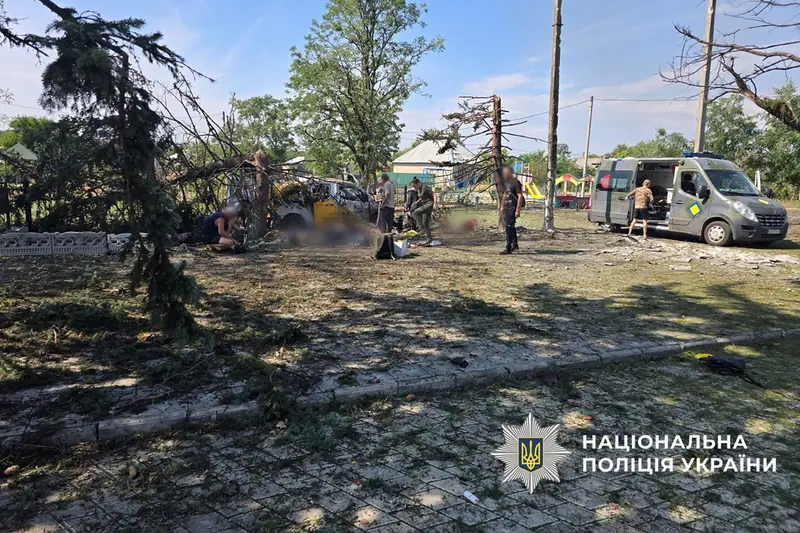 A damaged Ukrposhta mobile post office vehicle in Yarova after the bomb strike