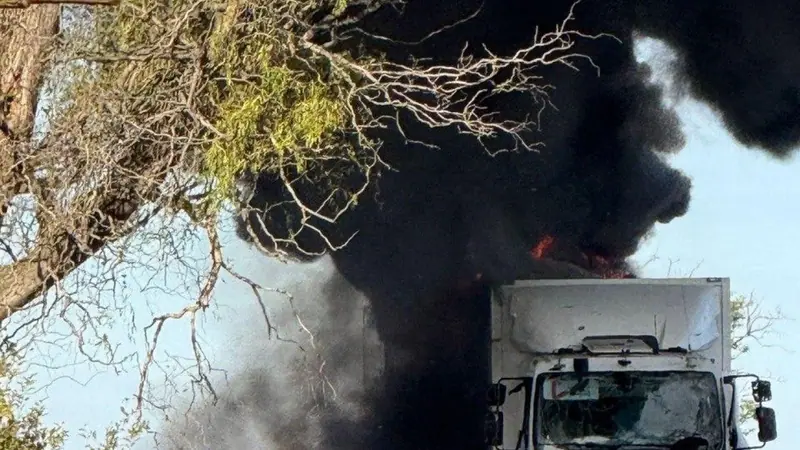 A white box truck with a shattered windscreen next to thick black smoke and flames, under a tree