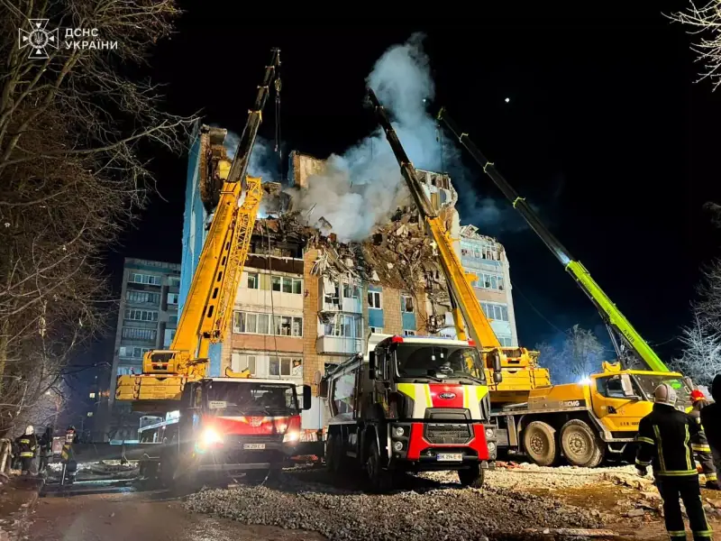 A damaged apartment building in Ternopil after the missile strike