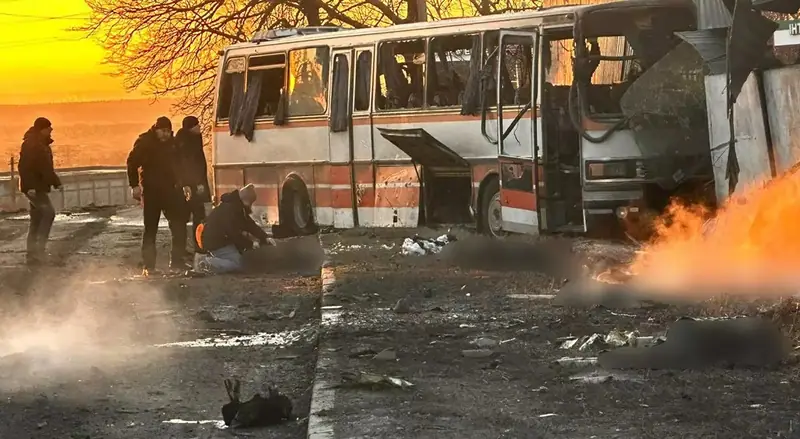 The damaged bus that carried coal miners in Ternivka