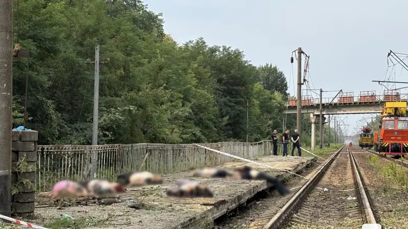 A railway platform with police officers standing behind tape, several covered or blurred bodies on the concrete in the foreground, and railway repair vehicles on the tracks