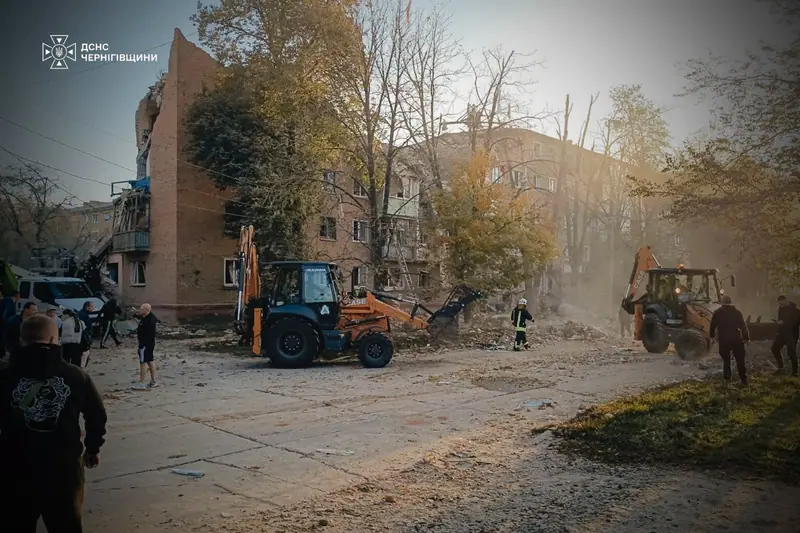 A damaged apartment building in Pryluky after the missile strike